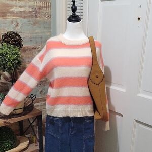 Striped Coral and Cream Women's Mohair Wool Blend Sweater Oversized S/M